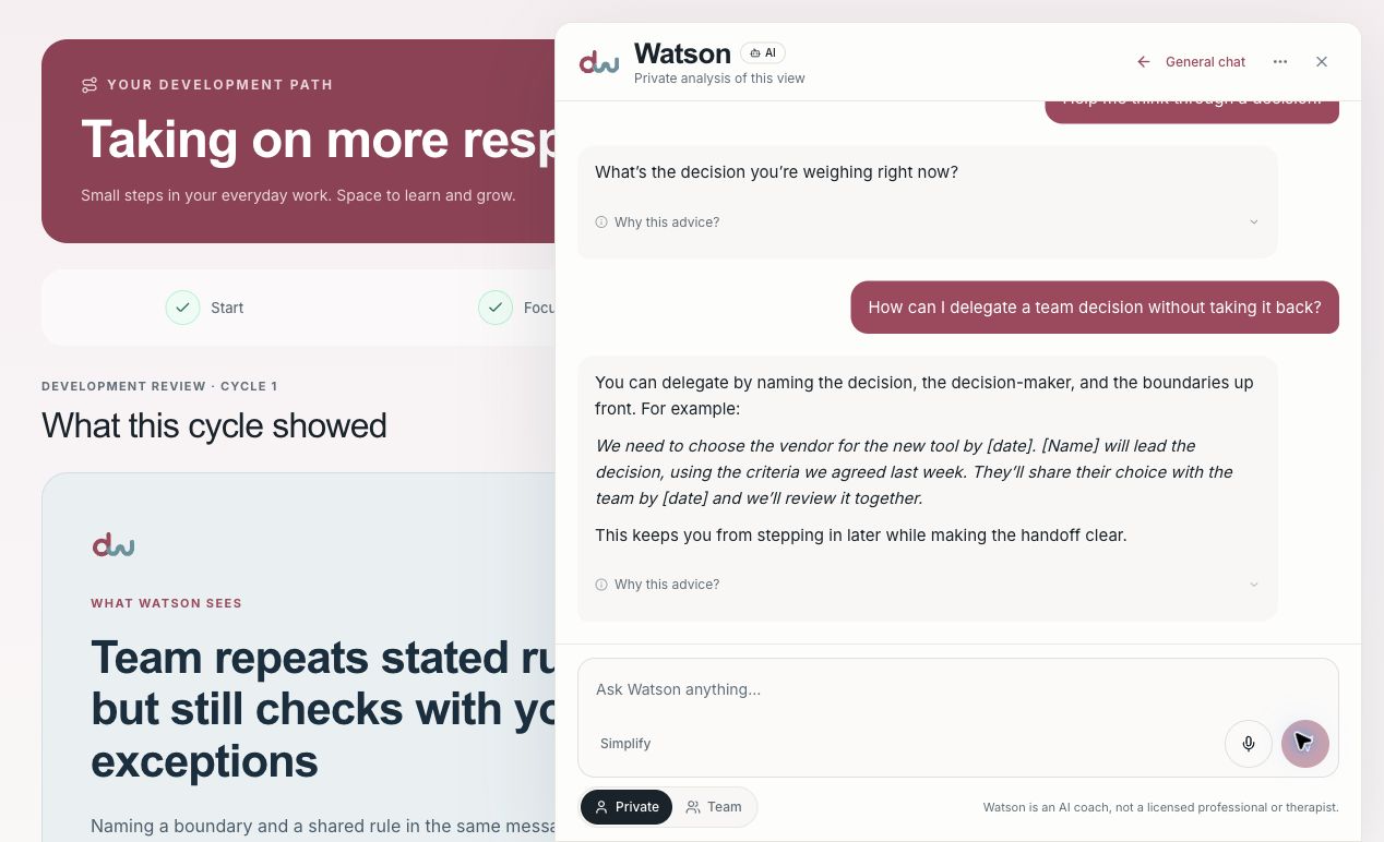 Current Watson conversation beside a Development path, using fictional sample data